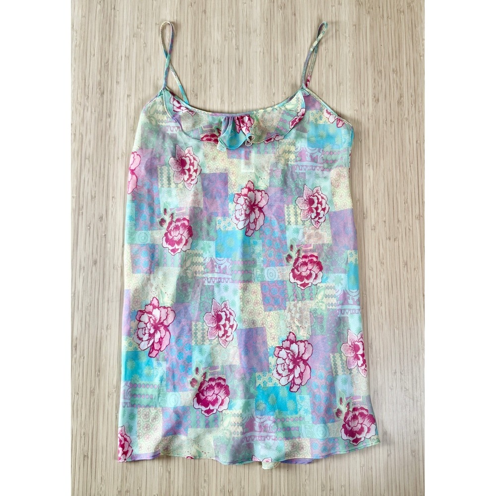 Floral Patchwork Chemise Nightgown Ruffle Neck Womens Large